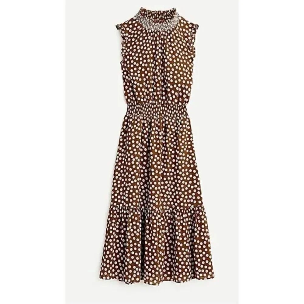 J.Crew Smock Waist Polka Dot Midi Dress In Pecan Ivory Size M NWT